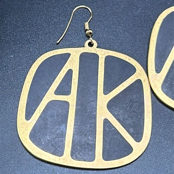 VTG 1980s Anne Klein Large Logo Black Gold Tone Earrings - Picture 2 of 10